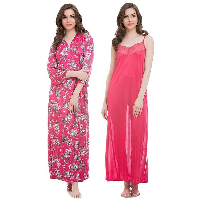 

Clovia Satin Nighty & Floral Print Robe - NSC653C14, Pink