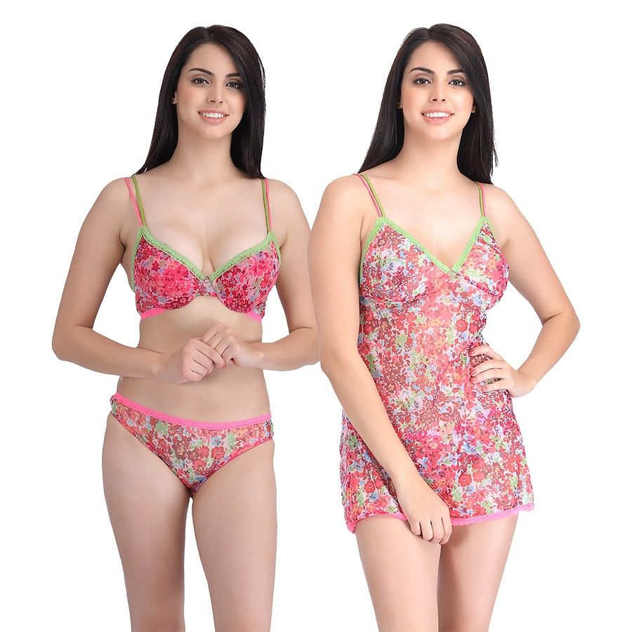 Buy Set of Printed Babydoll and Push-Up Bra-Bikini Online India
