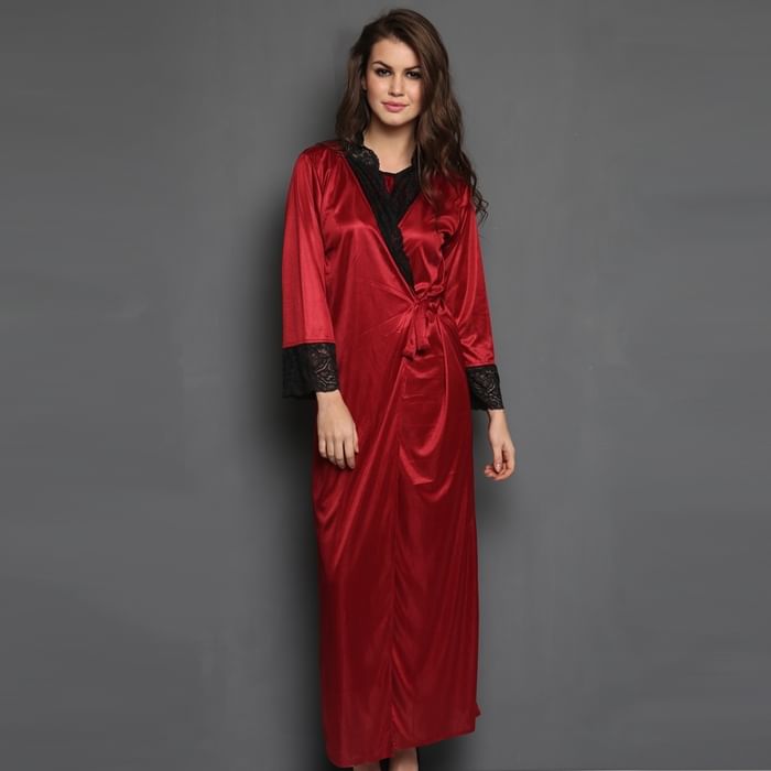 

Clovia Satin & Lace Nightgown with Robe - NSH009P09, Maroon