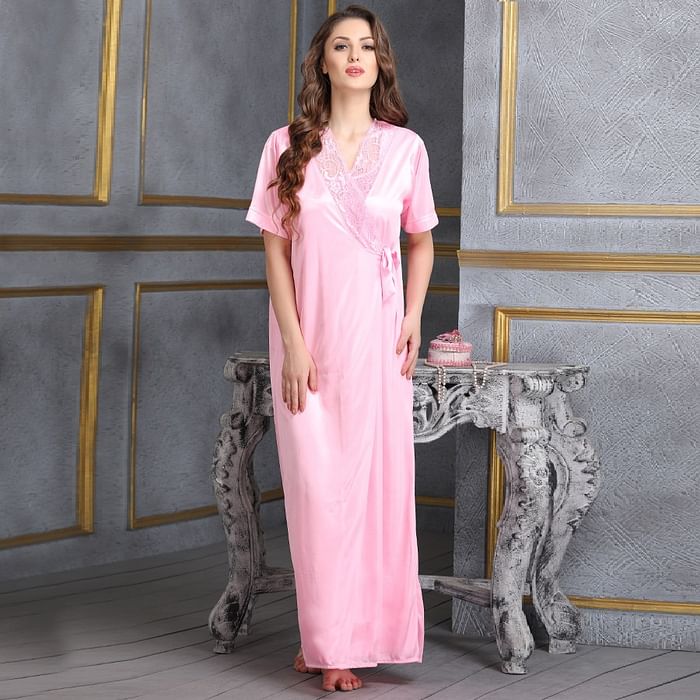 

Clovia Night Dress & Robe Set in Baby Pink -Satin - NSM389G62