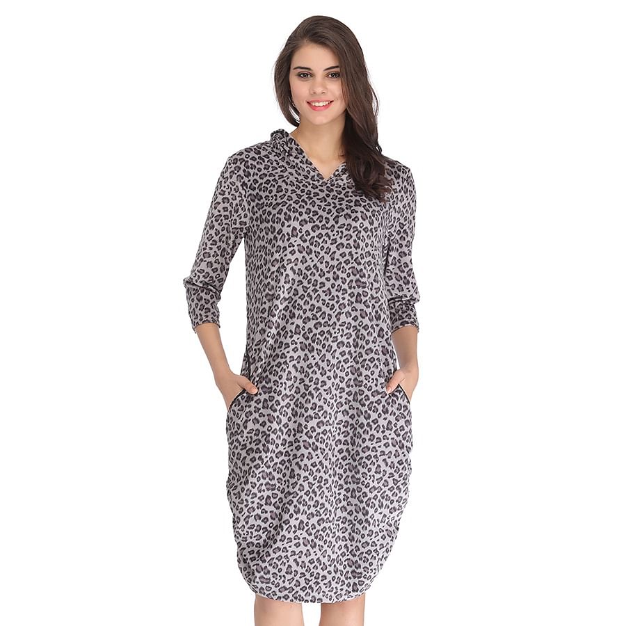 Buy Cosy Animal Print Hooded Dress with Side Pockets - Grey Online ...
