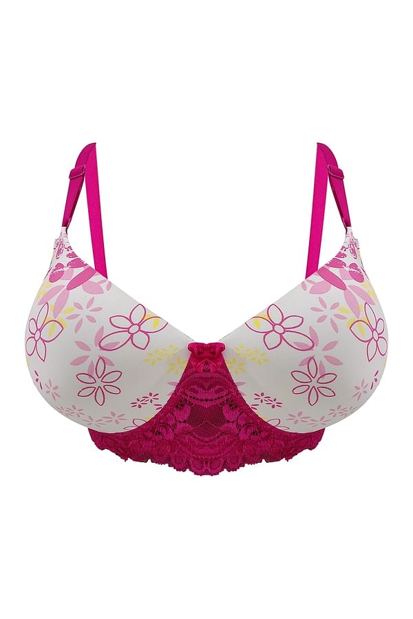 Buy Padded Non-Wired Full Cup Floral Print T-shirt Bra In White Online ...