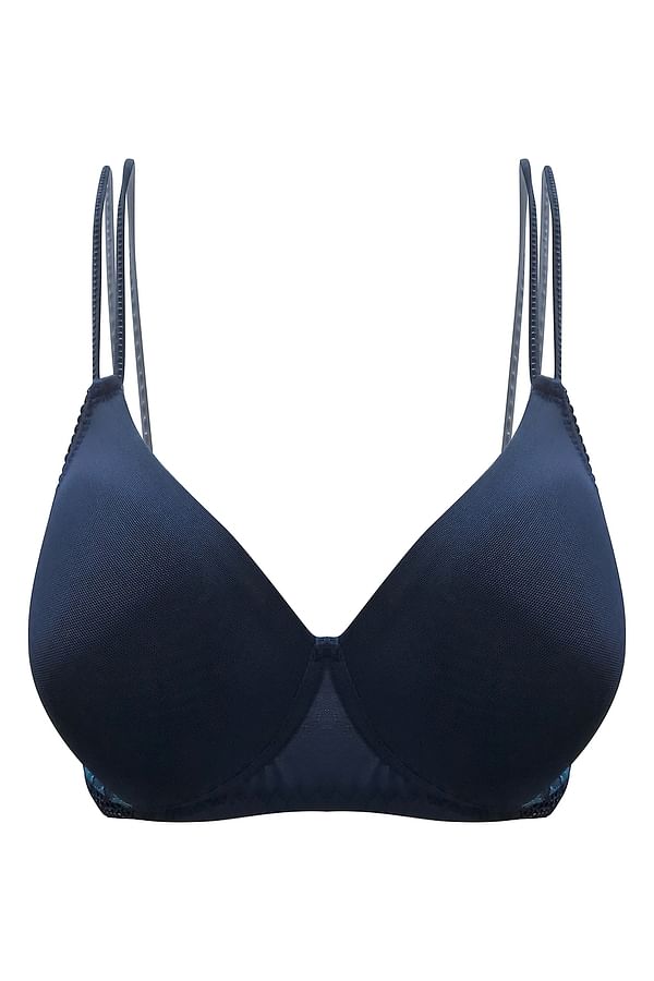 Buy Padded Non-Wired Full Cup T-Shirt Bra with Lace In Blue Online