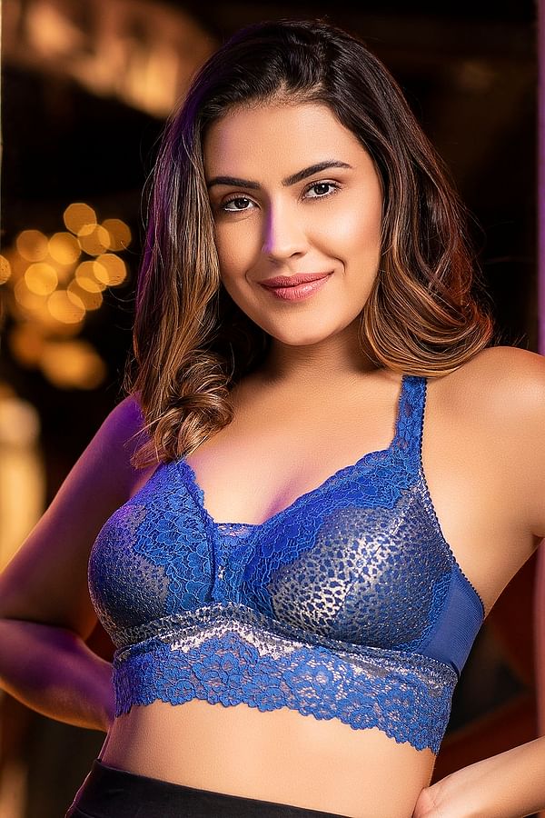 Buy Padded Non Wired Full Coverage Halter Neck Longline Bralette In Blue Lace Online India 