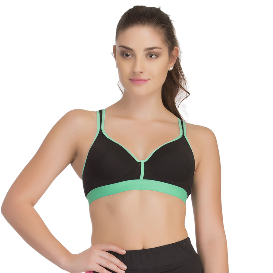 Buy Padded Sports Bra In Black with Green Trims & Broad Elastic Online