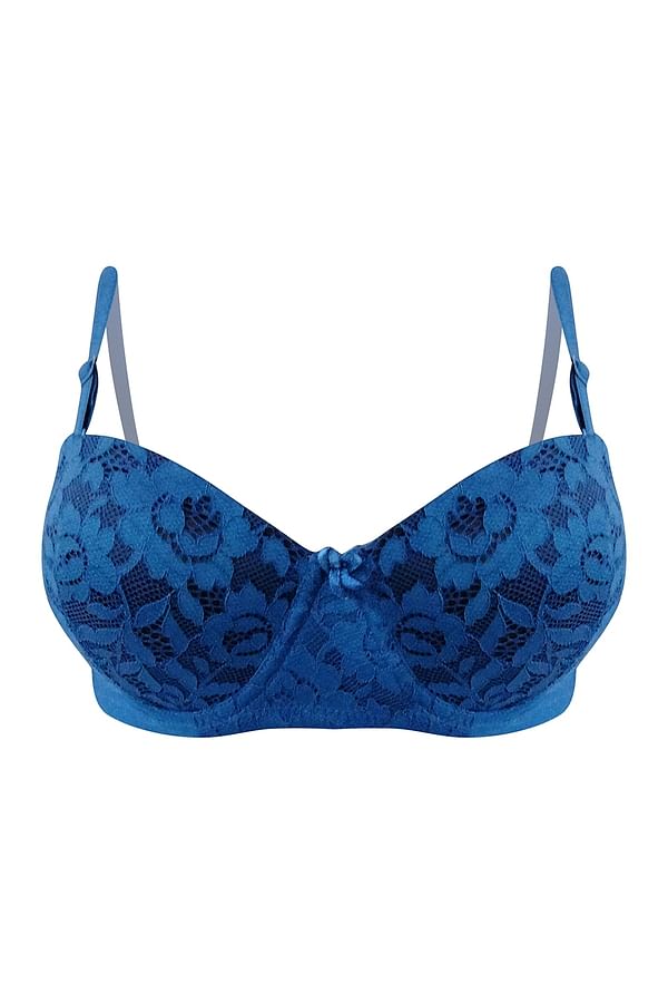 Buy Padded Underwired Demi Cup Floral Patterned Multiway Strapless Balconette Bra In Royal Blue 3793