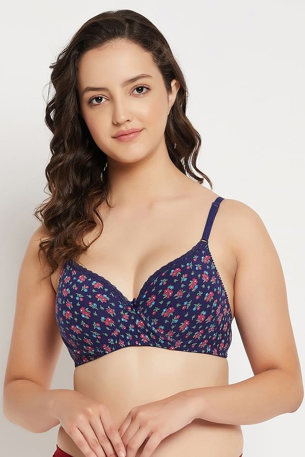 Buy Padded Underwired Full Cup Floral Print T Shirt Bra In Midnight Blue Cotton Online India 1406