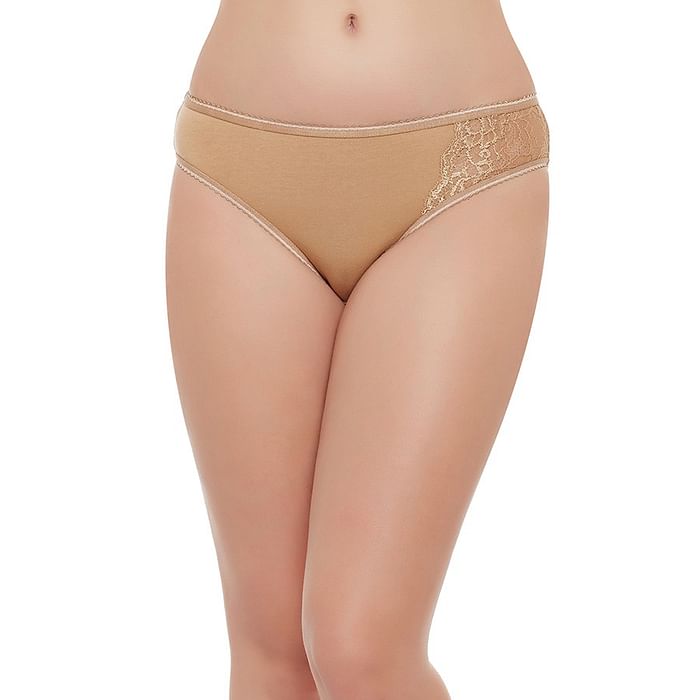 

Clovia Cotton Mid Waist Bikini with Lace Side - PN1380P24, Nude-colour