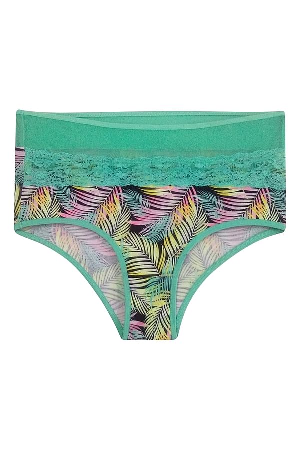 Buy High Waist Tropical Print Hipster Panty with Mesh Waist in Green ...