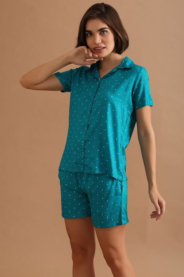 Buy Polka Print Button Down Shirt & Shorts Set in Teal Green Rayon