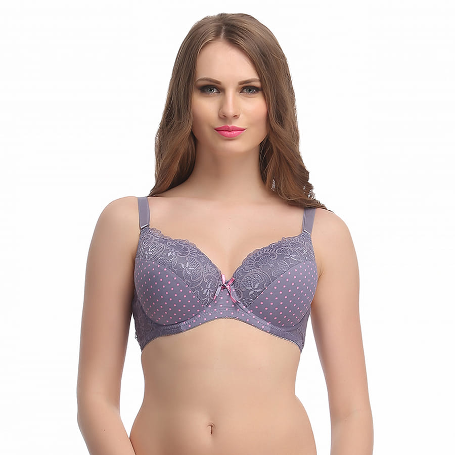 Buy Padded Plus Size Bra In Grey With Detachable Straps & Polka Print