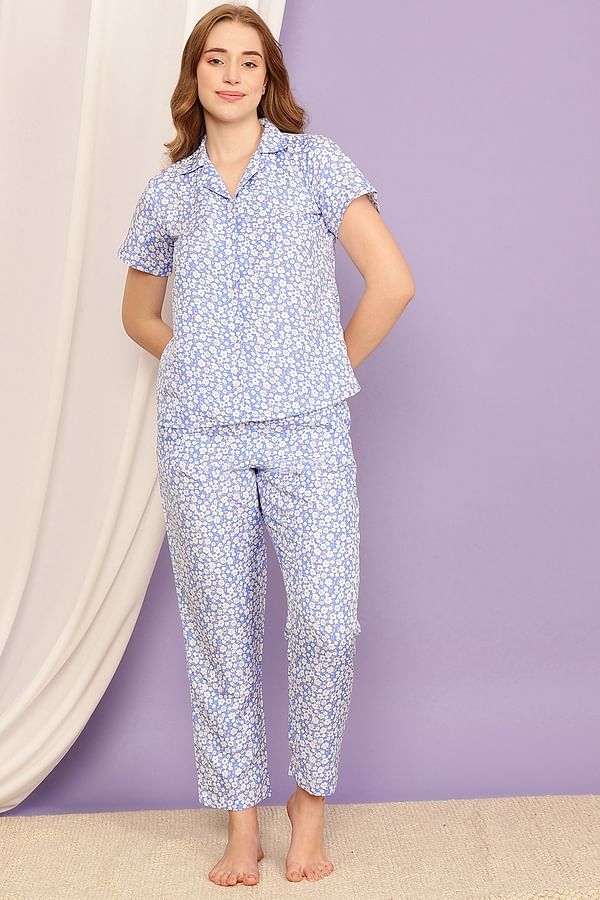 Buy Pretty Florals Button Down Shirt & Pyjama Set In Sky Blue - Rayon 