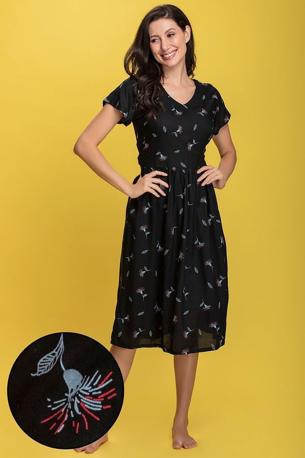 Buy Pretty Florals Nightdress in Black- Rayon Online India, Best Prices ...
