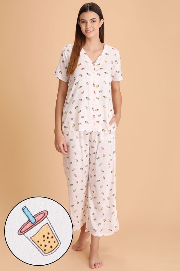Sipper Print Button Me Up Top & Pyjama in White - Cotton Rich