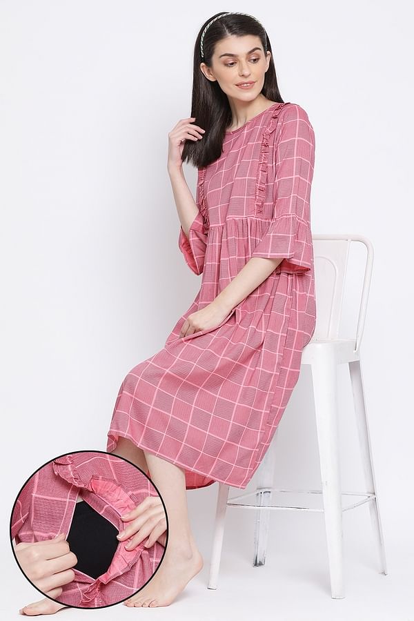 Buy Feeding Classic Checks Mid Length Night Dress in Pink - Rayon Online  India, Best Prices, COD - Clovia - NS1352P14