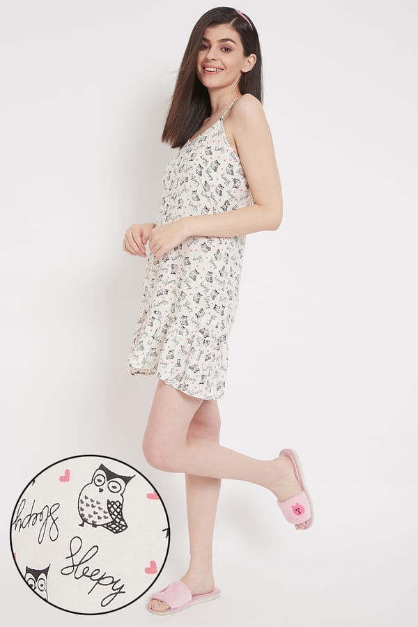 Buy Print Me Pretty Short Night Dress in White Cotton