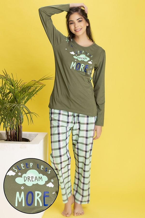 Buy Text Print Top & Checked Pyjama in Green - Cotton Rich Online India ...