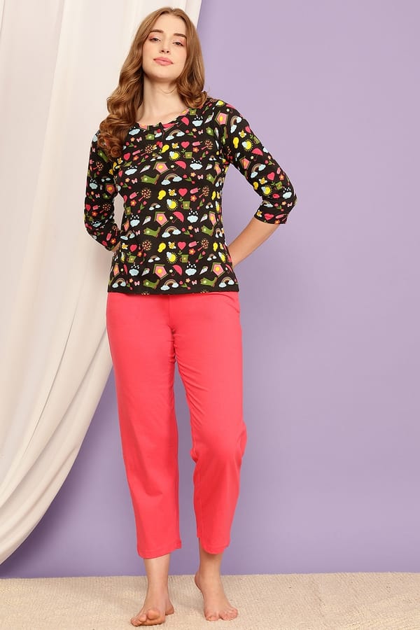 Buy Print Me Pretty Top & Solid Pyjama Set in Black - 100% Cotton ...