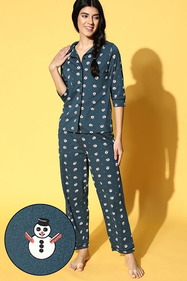 Buy Button Down Xmas Shirt & Pyjama Set in Blue- Cotton Base Online ...