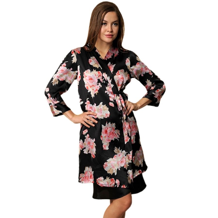 Buy Printed Satin Short Robe in Black Online India, Best Prices, COD ...