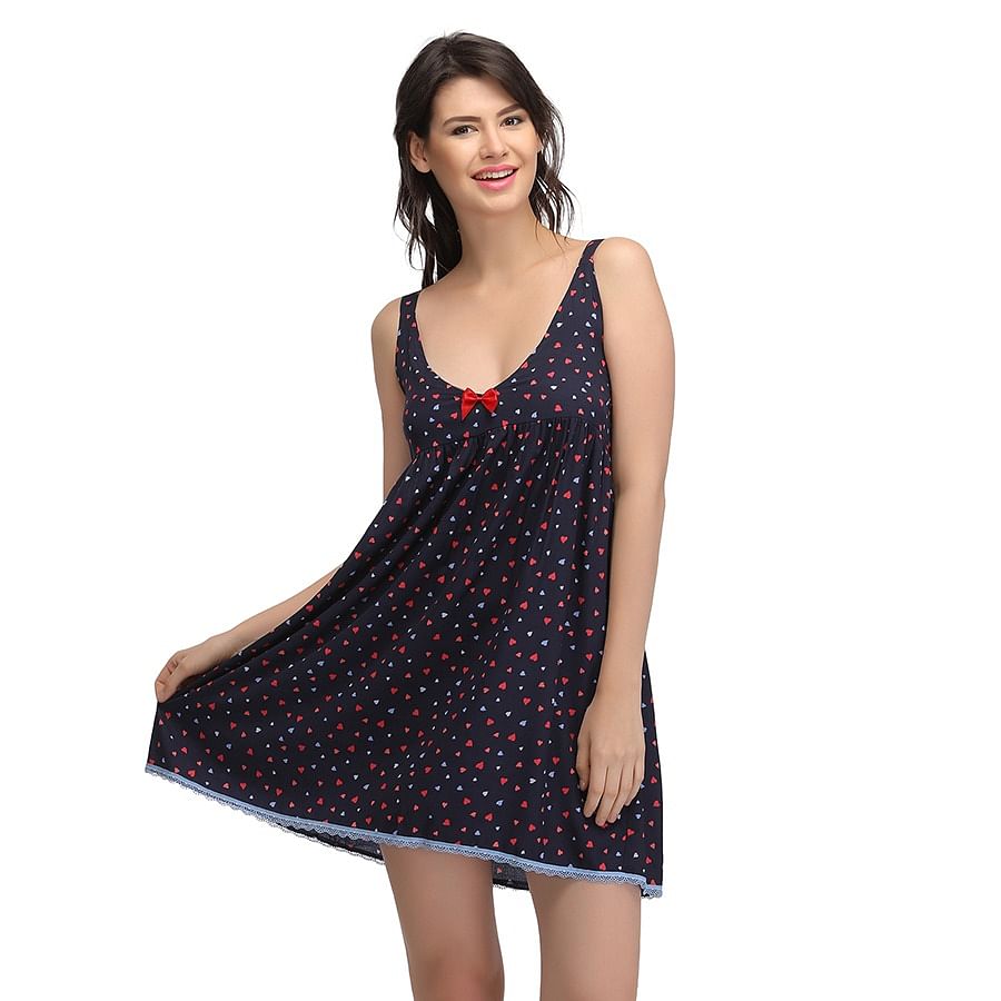 Buy Printed Short Night Dress with Lacy Hem-Blue- Online India, Best ...