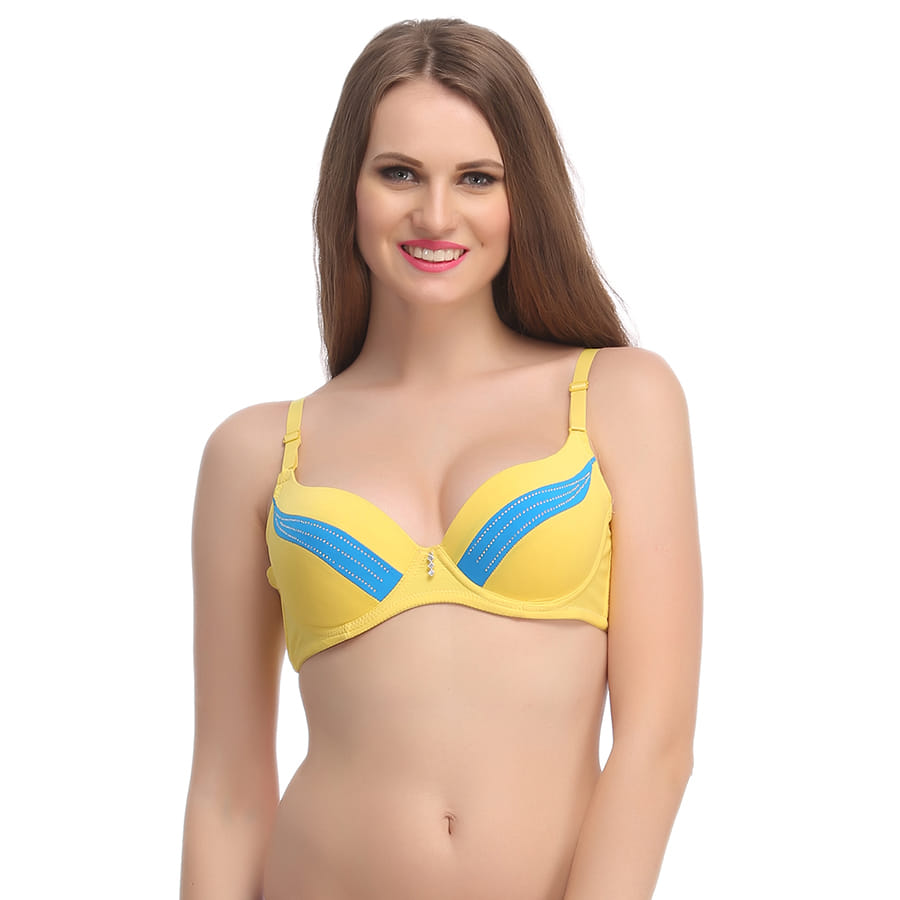 Buy Push Up Bra In Yellow With Detachable Straps & Panelled Cups Online