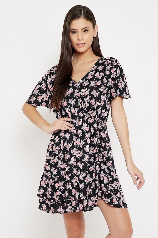 Buy Floral Print Ruffled Resort Dress in Black - Rayon Online India ...