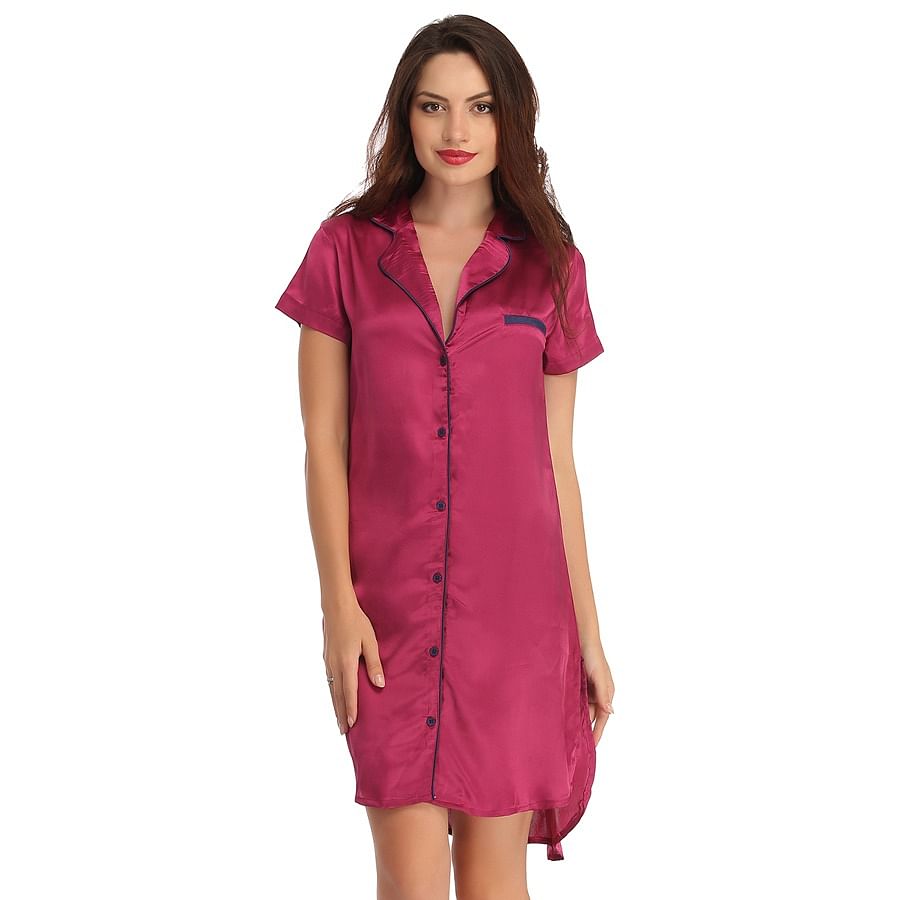 Buy Satin High-Low Sleepshirt With Contrast Trims - Purple Online India ...
