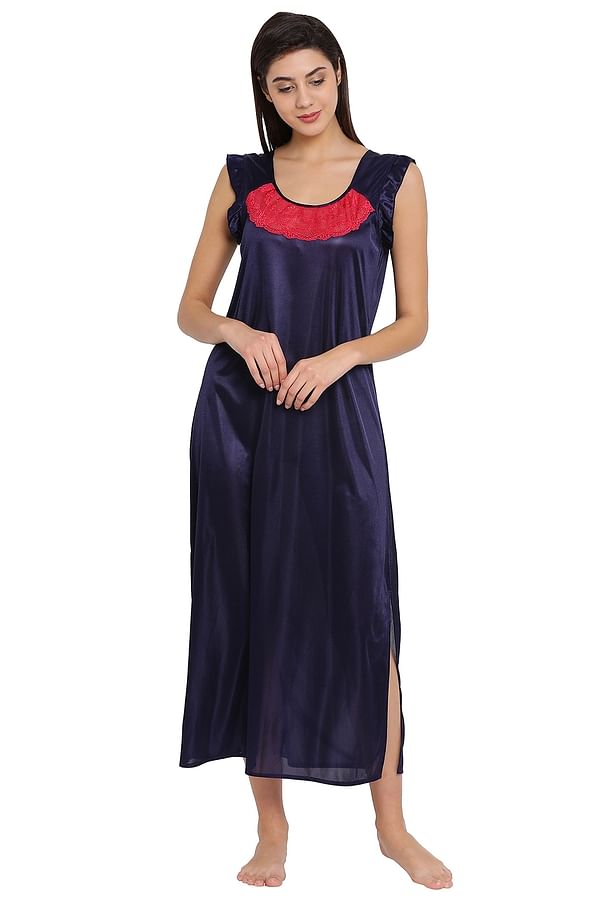 Buy Long Night Dress in Navy with Lace Satin Online