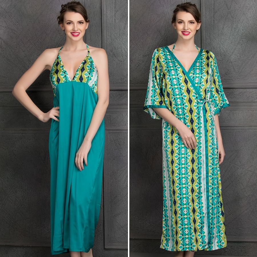 Buy Satin Nighty & Printed Robe In Green Online India, Best Prices, COD ...