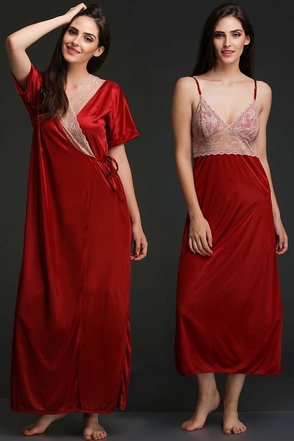 Buy Long Night Dress & Robe Set in Maroon- Satin Online India, Best ...