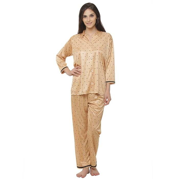 

Clovia Satin Star Print Shirt & Pyjama Set - NS0652P24, Nude-colour