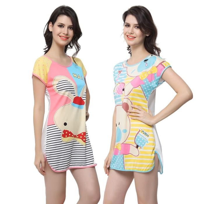 

Clovia Set of 2 Long Night T-shirts In Cute Prints - NSC526P03, Light blue