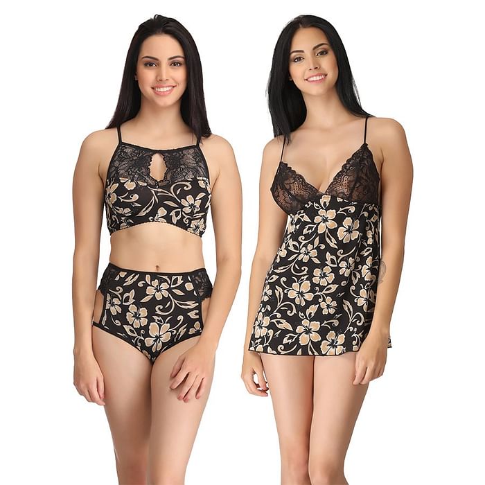 

Clovia Set of Printed Babydoll with Thong & Bralette-Brief - NSC773V13, Black