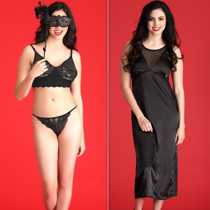 

Clovia Set of Satin Nightie and Lace Bralette- Thong - NSC764V13, Black