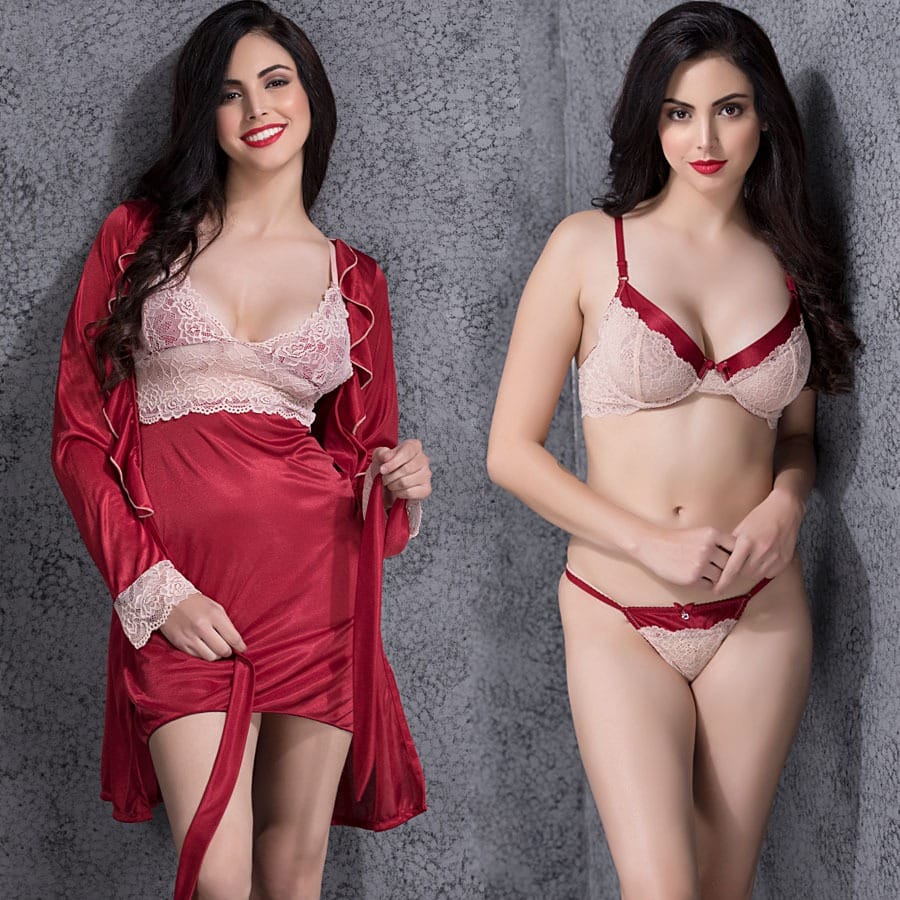 Buy Set of Satin Nightie with Robe & Lace BraBrief Online India, Best