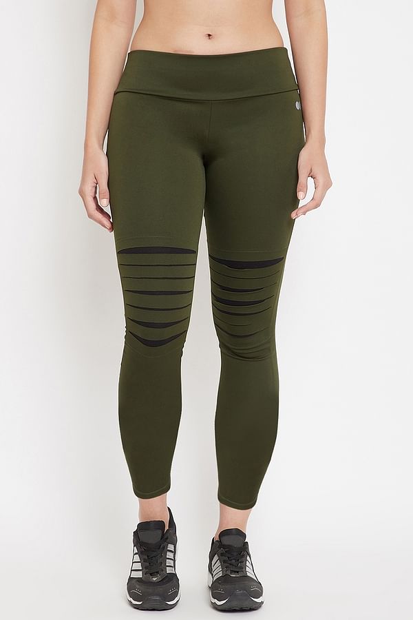 Buy Snug Fit Active Ripped Tights in Olive Green Online India, Best ...