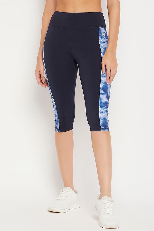 Buy Snug Fit High-Rise Active Capri in Navy with Printed Panels Online ...