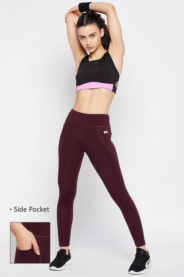 Buy High-Rise Active Tights in Wine Colour with Side Pocket Online ...