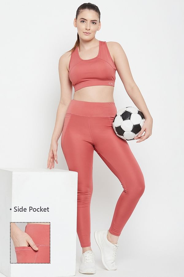 Buy High-Rise Active Tights in Salmon Pink with Side Pocket Online