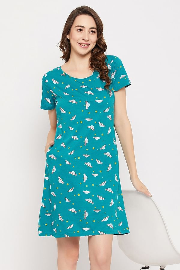 Buy Spaceship Print Short Night Dress in Teal Blue - 100% Cotton Online ...