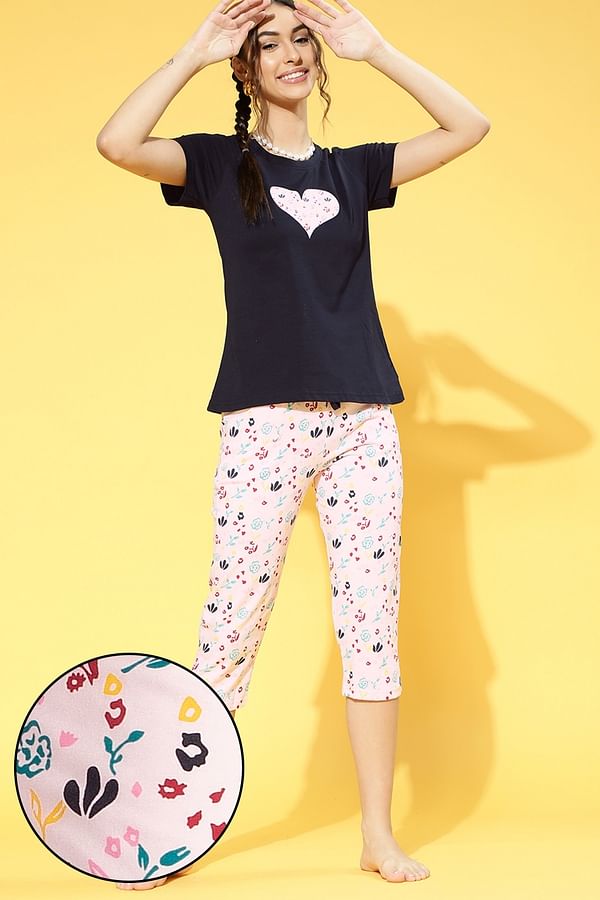 Buy Sweet Heart Top & Pyjama in Navy & Pink - 100% Cotton Online India ...