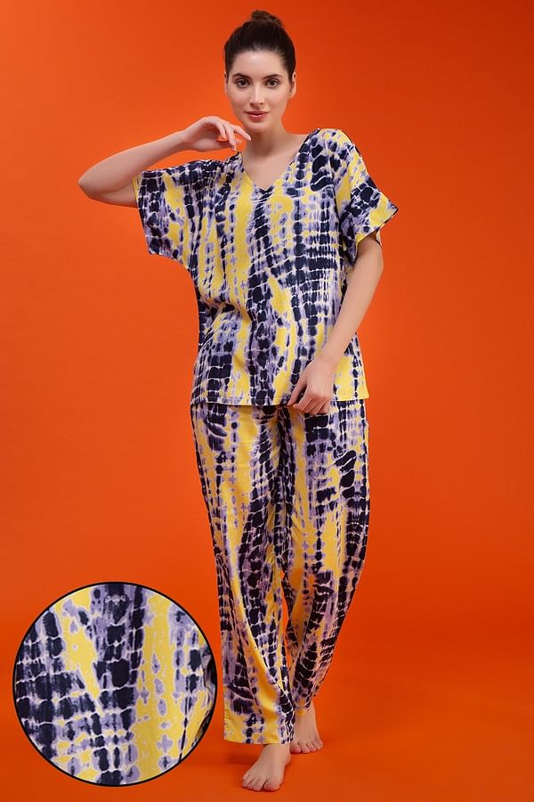 Buy Tie-Dye Print Top & Pyjama Set in Navy Blue - Rayon Online India ...