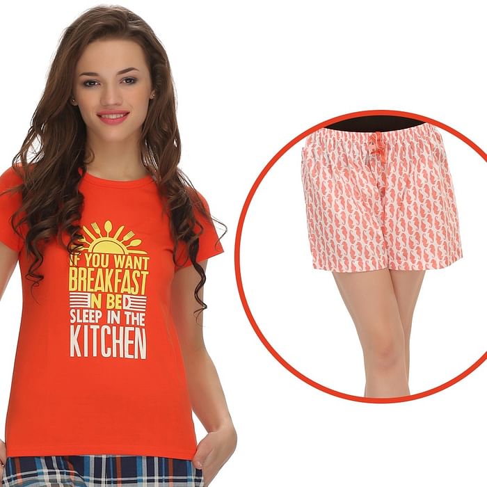 

Clovia Trendy Graphic T-Shirt With Short In Orange - LTC070P16