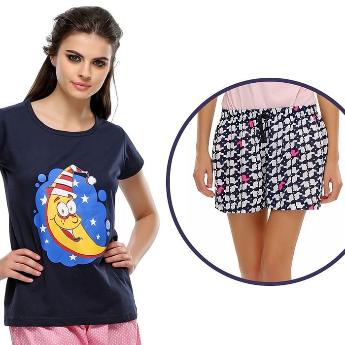 

Clovia Trendy Graphic T-Shirt With Short In Navy Blue - LTC425P18, White