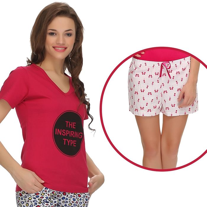 

Clovia Trendy Graphic T-Shirt With Short In Pink - LTC060P14